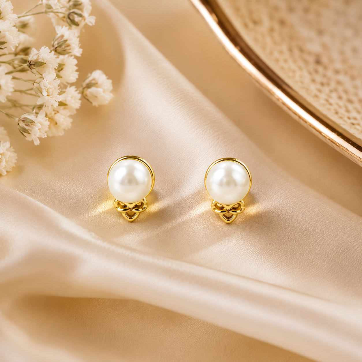 Elegant Pearl Stud Earrings with Gold-Tone Floral Detail - Krishna Pearls and Jewellers