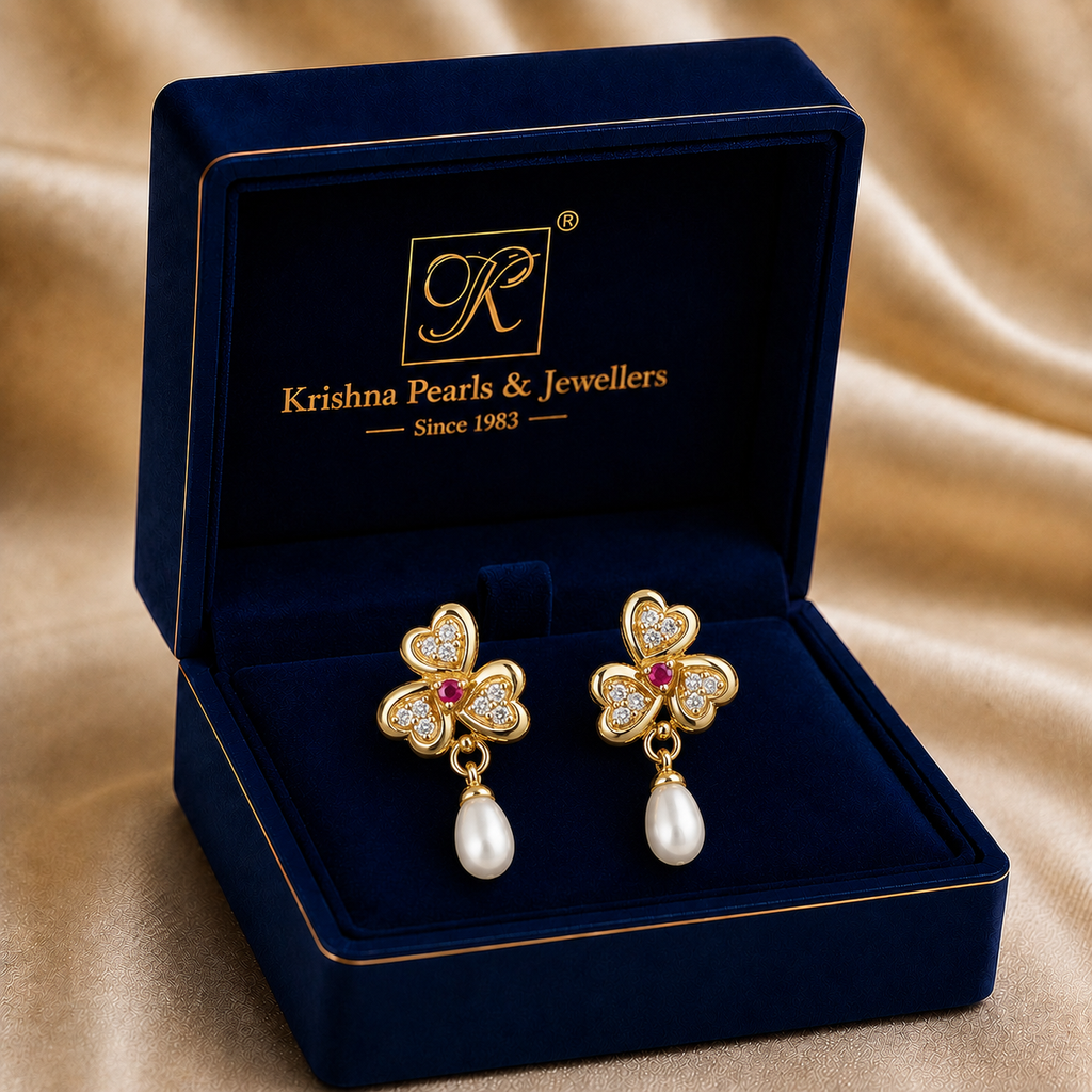 Contemporary Freshwater Pearl & CZ Drop Earrings in Gold | Pearl Earrings for Women | Krishna Pearls & Jewellers