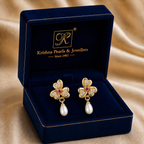 Contemporary Freshwater Pearl & CZ Drop Earrings in Gold | Pearl Earrings for Women | Krishna Pearls & Jewellers