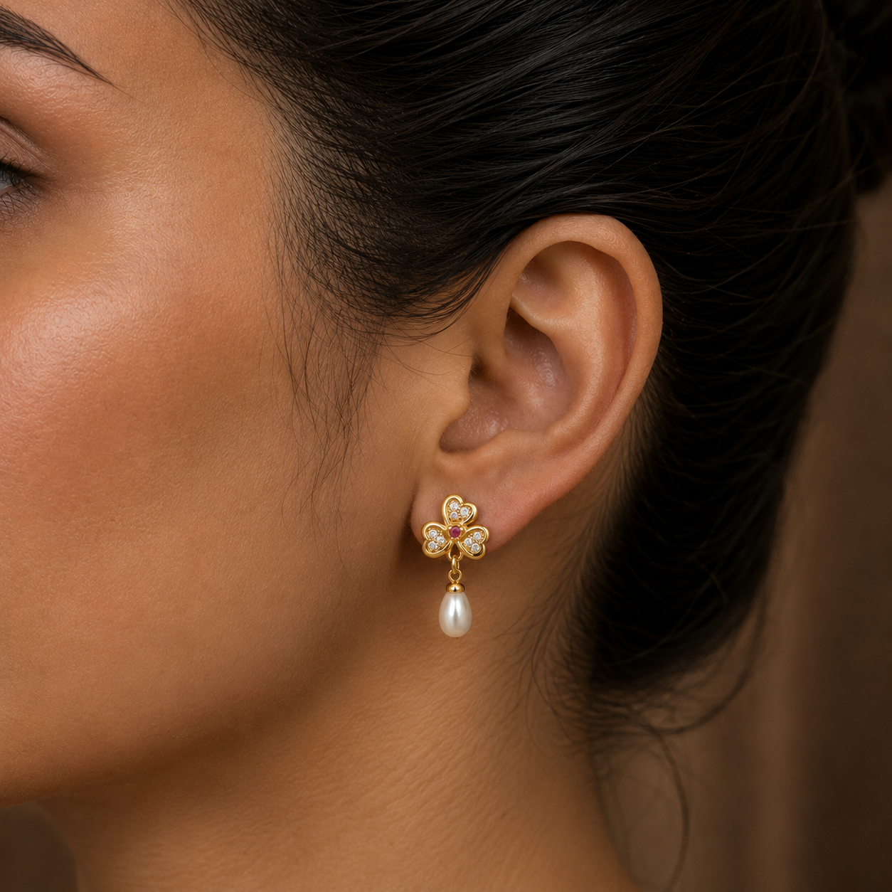 Contemporary Freshwater Pearl & CZ Drop Earrings in Gold | Pearl Earrings for Women | Krishna Pearls & Jewellers