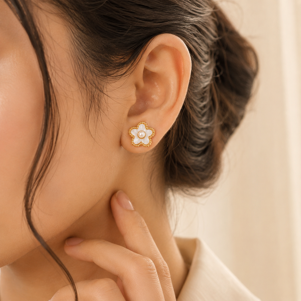 Elegant Pearl Flower Stud Earrings for Women | Krishna Pearls and Jewellers