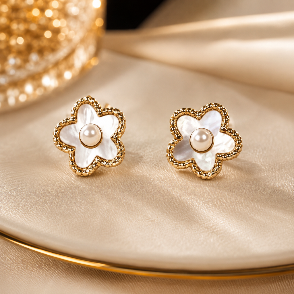 Elegant Pearl Flower Stud Earrings for Women | Krishna Pearls and Jewellers