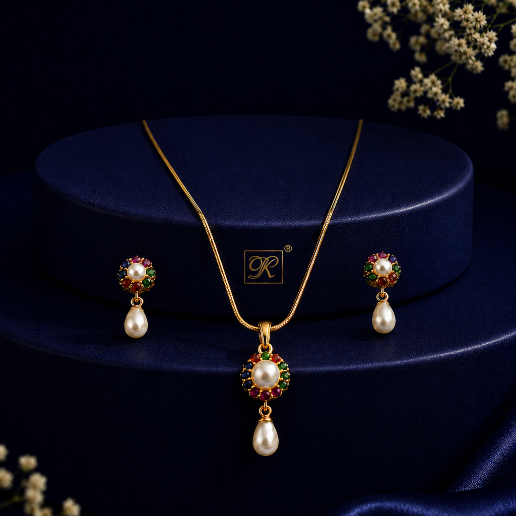 Heirloom Freshwater Pearl with Multi Stone Earrings & Pendant Set in Gold | Pearl Jewellery Set | Krishna Pearls & Jewellers