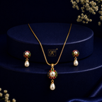 Heirloom Freshwater Pearl with Multi Stone Earrings & Pendant Set in Gold | Pearl Jewellery Set | Krishna Pearls & Jewellers