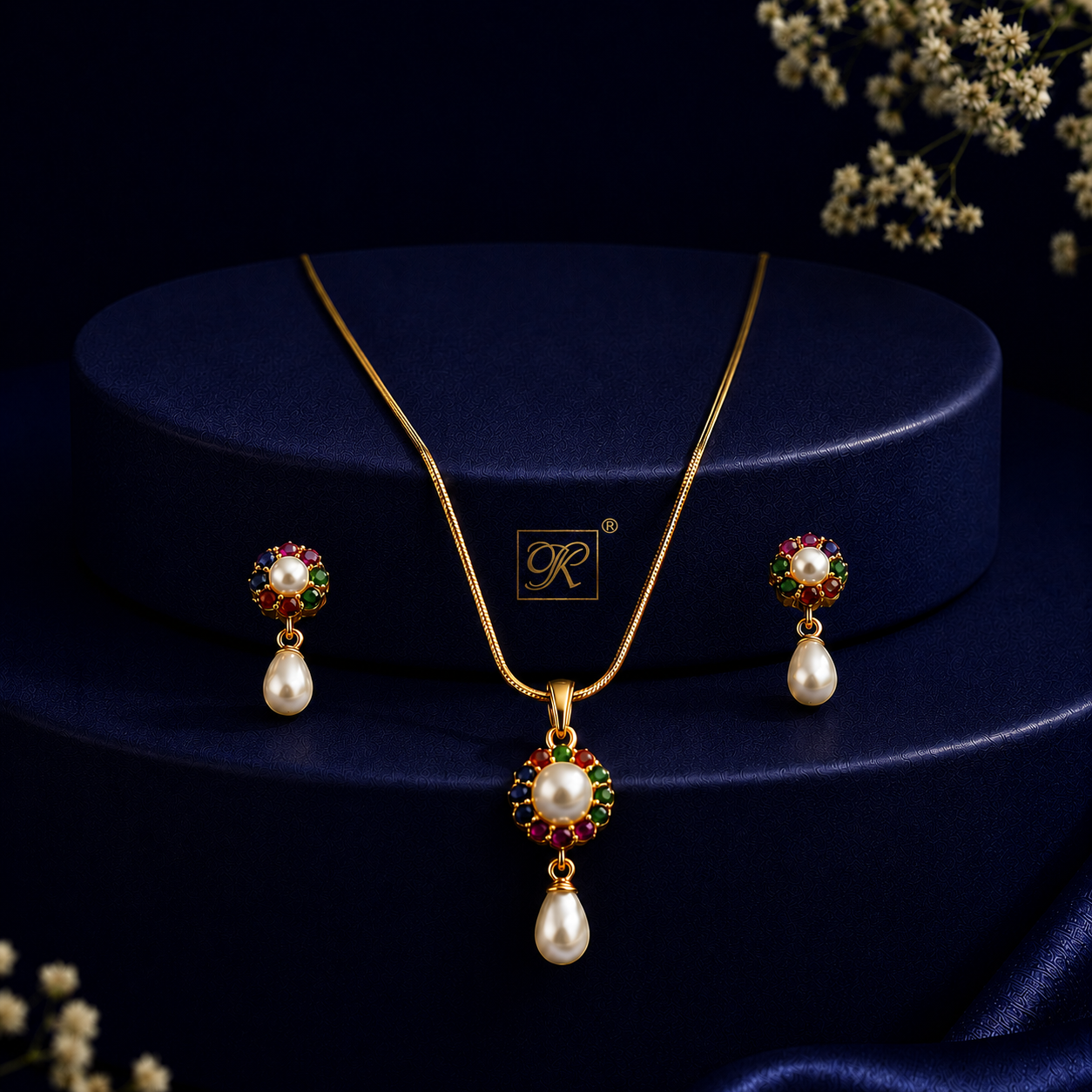 Heirloom Freshwater Pearl with Multi Stone Earrings & Pendant Set in Gold | Pearl Jewellery Set | Krishna Pearls & Jewellers