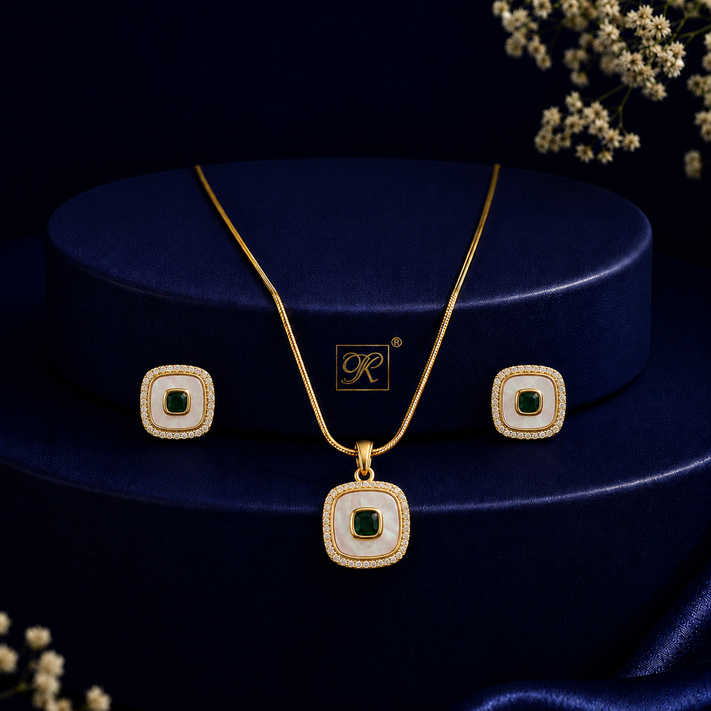 Pinnacle Freshwater Pearl with CZ & Green Stone Earrings & Pendant Set in Gold | Pearl Jewellery Set | Krishna Pearls & Jewellers