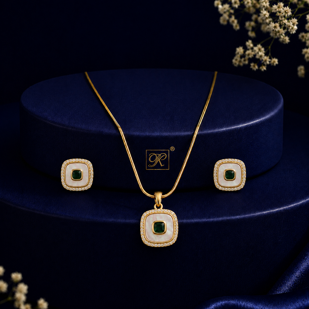 Pinnacle Freshwater Pearl with CZ & Green Stone Earrings & Pendant Set in Gold | Pearl Jewellery Set | Krishna Pearls & Jewellers