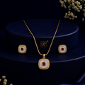 Zenith Freshwater Pearl with CZ & Red Stone Earrings & Pendant Set in Gold | Pearl Jewellery Set | Krishna Pearls & Jewellers