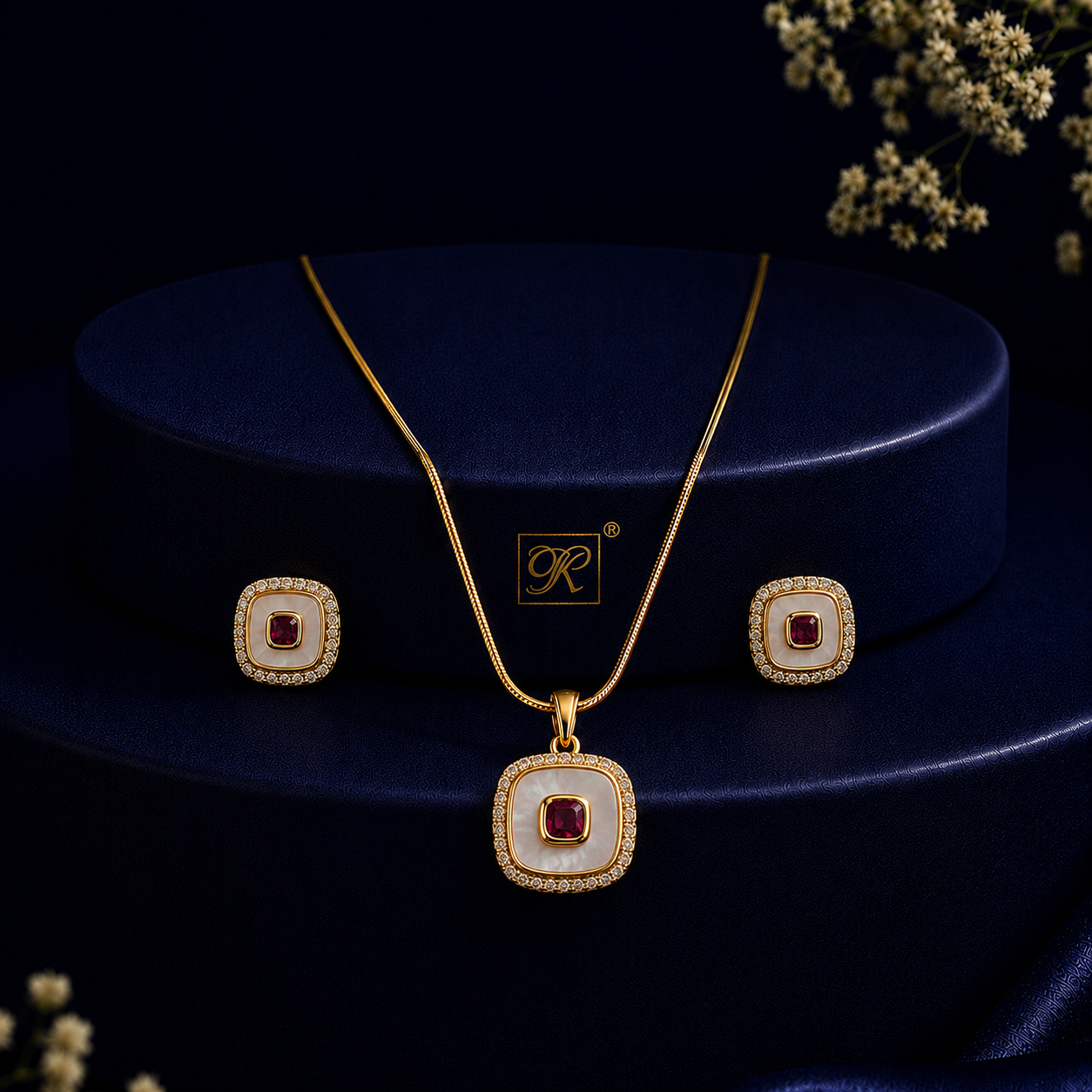Zenith Freshwater Pearl with CZ & Red Stone Earrings & Pendant Set in Gold | Pearl Jewellery Set | Krishna Pearls & Jewellers