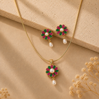 Pinnacle Freshwater Pearl with Multi Stone Earrings & Pendant Set in Gold | Pearl Jewellery Set | Krishna Pearls & Jewellers
