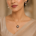 Pinnacle Freshwater Pearl with Multi Stone Earrings & Pendant Set in Gold | Pearl Jewellery Set | Krishna Pearls & Jewellers