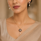 Pinnacle Freshwater Pearl with Multi Stone Earrings & Pendant Set in Gold | Pearl Jewellery Set | Krishna Pearls & Jewellers