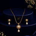 Couture Freshwater Pearl with Multi Stone Earrings & Pendant Set in Gold | Pearl Jewellery Set | Krishna Pearls & Jewellers