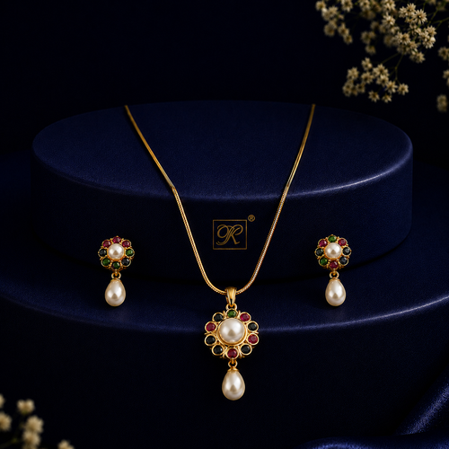 Couture Freshwater Pearl with Multi Stone Earrings & Pendant Set in Gold | Pearl Jewellery Set | Krishna Pearls & Jewellers