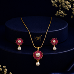 Prestige Freshwater Pearl with Red Stone Earrings & Pendant Set in Gold | Pearl Jewellery Set | Krishna Pearls & Jewellers