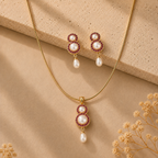 Couture Freshwater Pearl with Red Stone Earrings & Pendant Set in Gold | Pearl Jewellery Set | Krishna Pearls & Jewellers