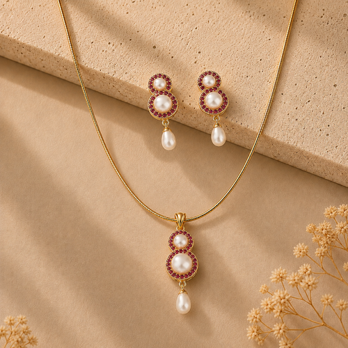 Couture Freshwater Pearl with Red Stone Earrings & Pendant Set in Gold | Pearl Jewellery Set | Krishna Pearls & Jewellers