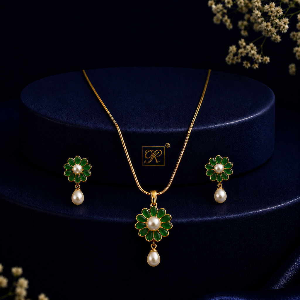 Sovereign Freshwater Pearl with Green Stone Earrings & Pendant Set in Gold | Pearl Jewellery Set | Krishna Pearls & Jewellers