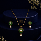 Sovereign Freshwater Pearl with Green Stone Earrings & Pendant Set in Gold | Pearl Jewellery Set | Krishna Pearls & Jewellers