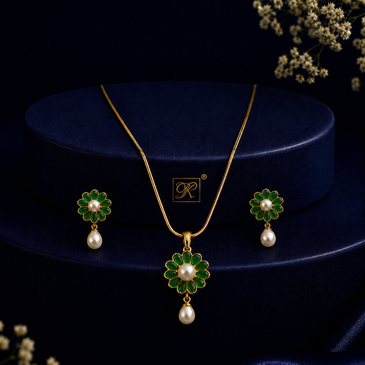 Sovereign Freshwater Pearl with Green Stone Earrings & Pendant Set in Gold | Pearl Jewellery Set | Krishna Pearls & Jewellers
