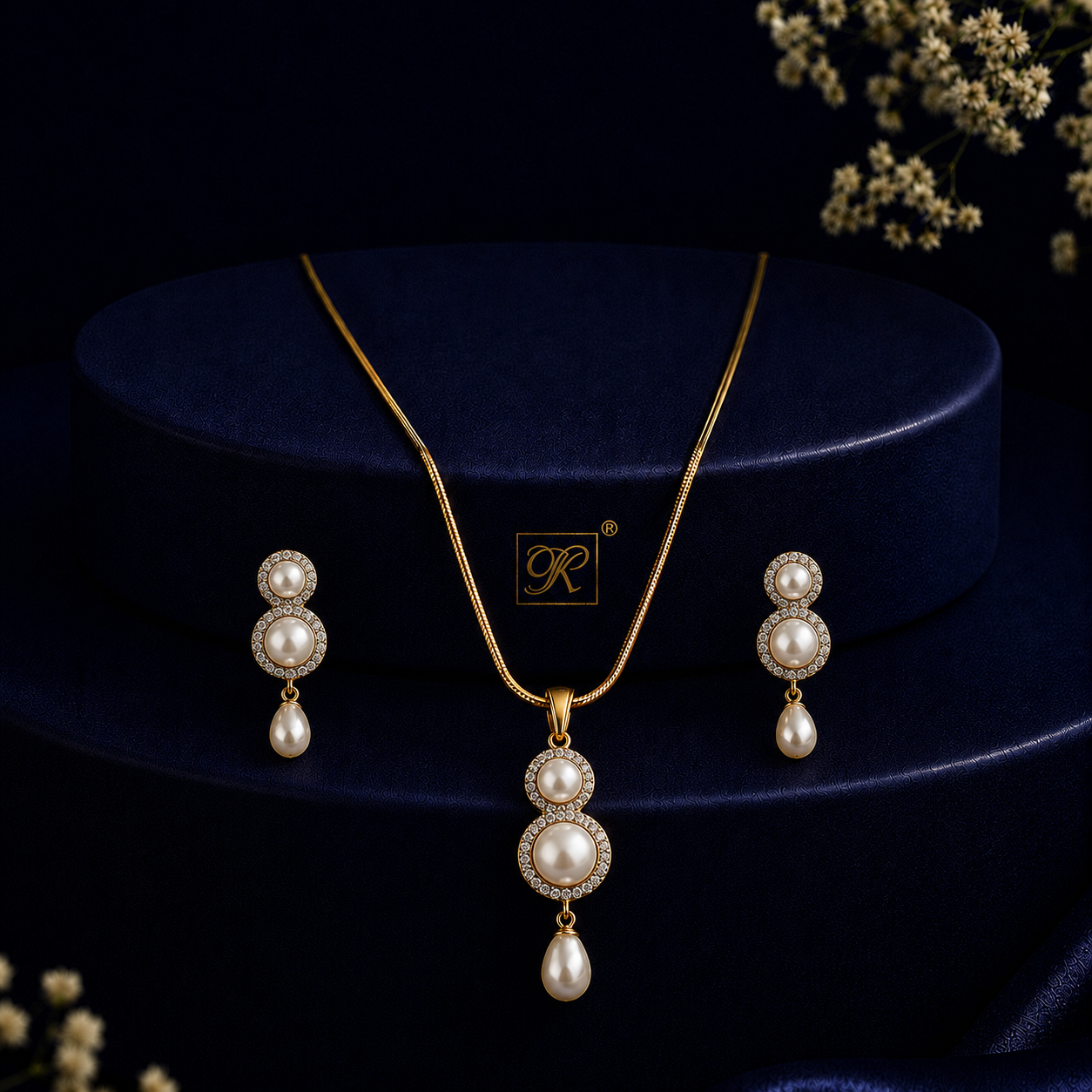 Heritage Freshwater Pearl & CZ Earrings & Pendant Set in Gold — Style ATP-114 | Pearl Jewellery Set | Krishna Pearls & Jewellers