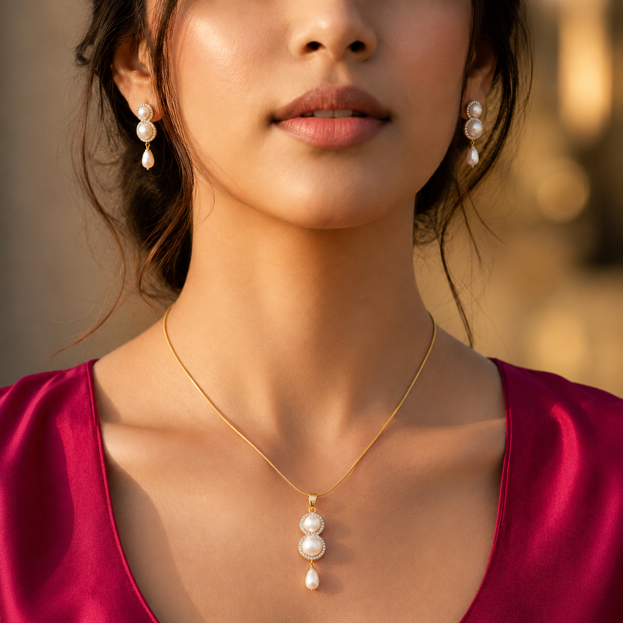 Heritage Freshwater Pearl & CZ Earrings & Pendant Set in Gold — Style ATP-114 | Pearl Jewellery Set | Krishna Pearls & Jewellers