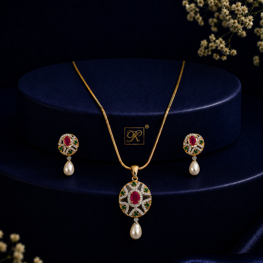 Majestic Freshwater Pearl with CZ & Multi Stone Earrings & Pendant Set in Gold | Pearl Jewellery Set | Krishna Pearls & Jewellers