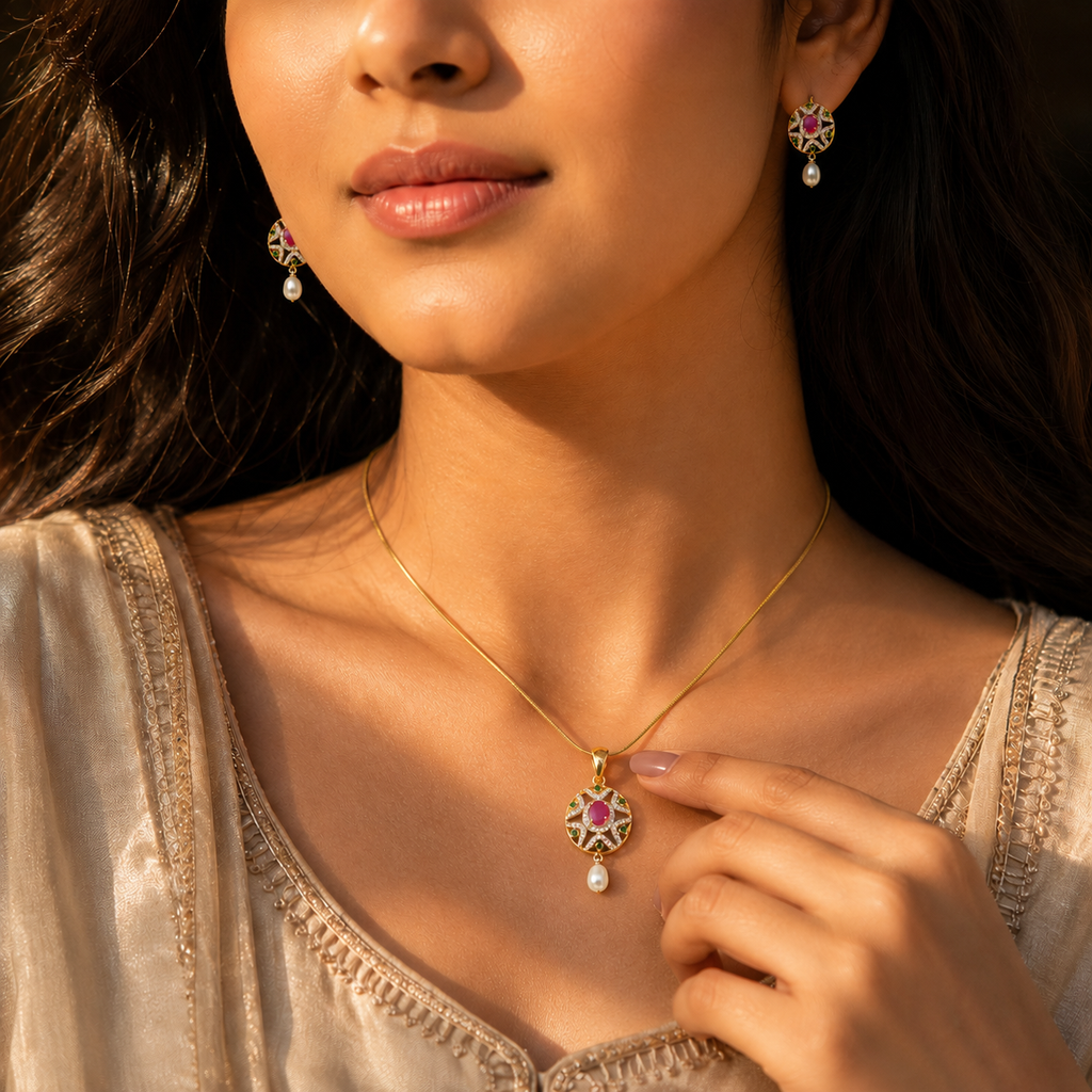 Majestic Freshwater Pearl with CZ & Multi Stone Earrings & Pendant Set in Gold | Pearl Jewellery Set | Krishna Pearls & Jewellers