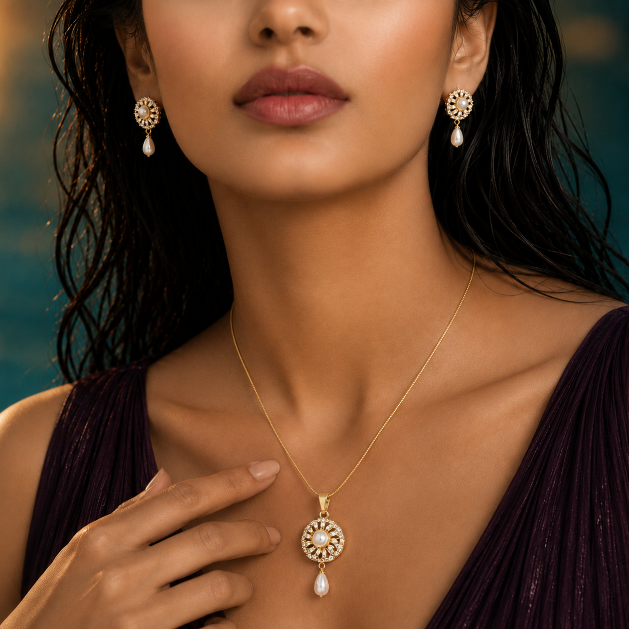 Couture Freshwater Pearl & CZ Earrings & Pendant Set in Gold — Style ATP-119 | Pearl Jewellery Set | Krishna Pearls & Jewellers