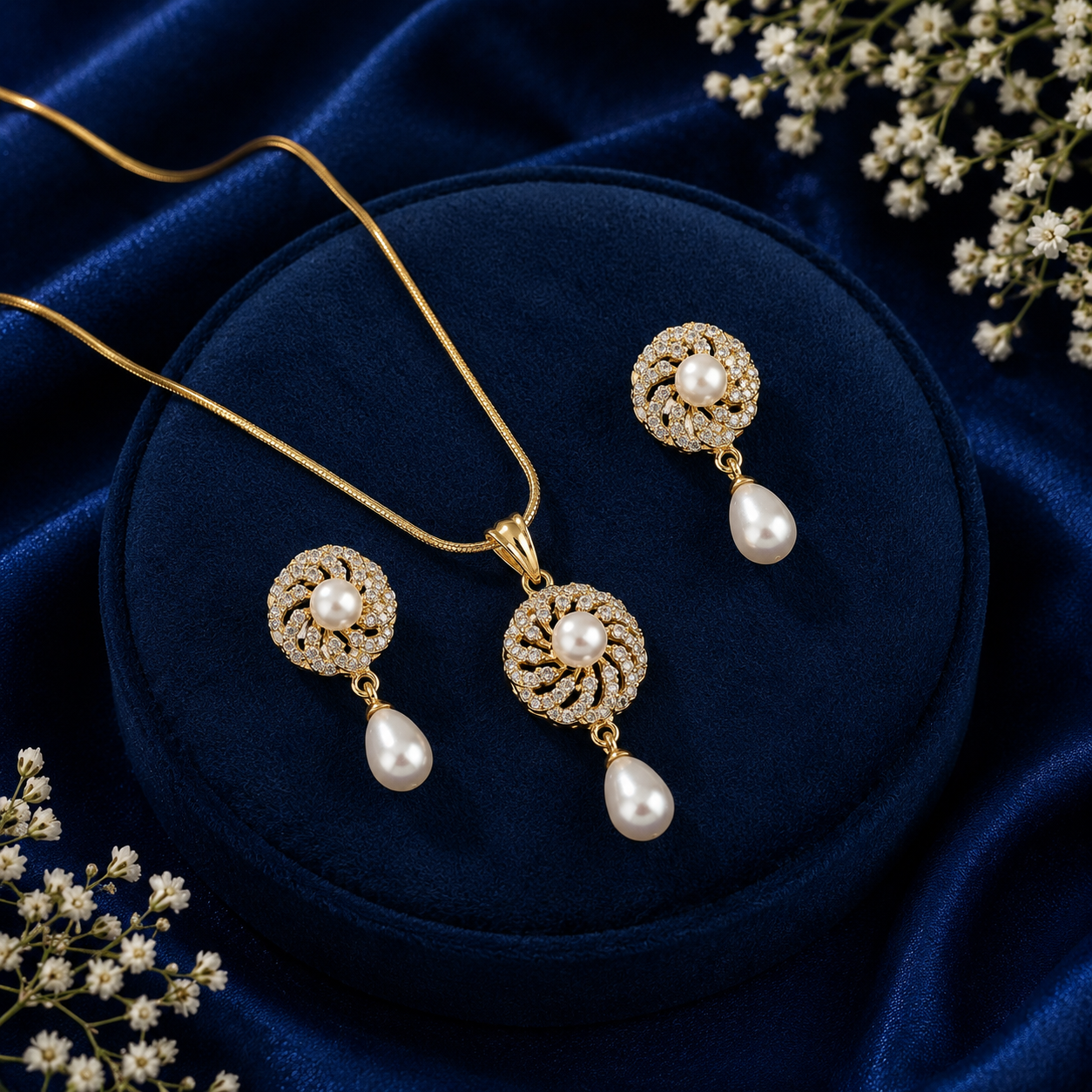 Couture Freshwater Pearl & CZ Earrings & Pendant Set in Gold — Style ATP-119 | Pearl Jewellery Set | Krishna Pearls & Jewellers
