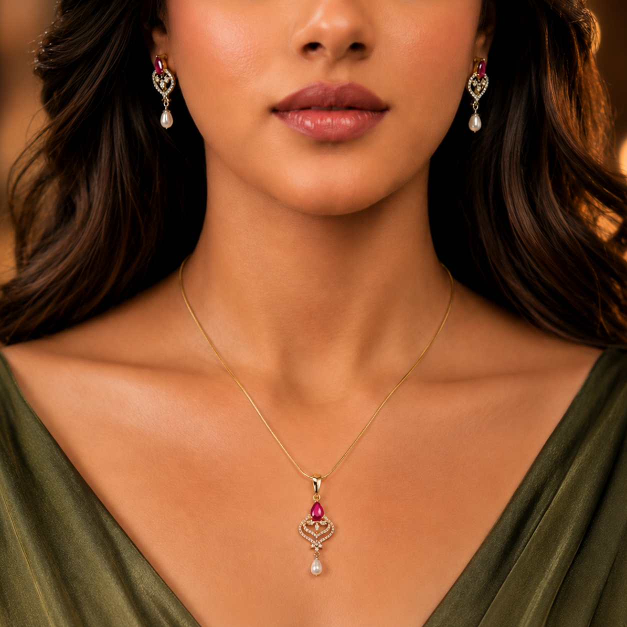 Grand Freshwater Pearl with CZ & Red Stone Earrings & Pendant Set in Gold | Pearl Jewellery Set | Krishna Pearls & Jewellers