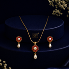 Elite Freshwater Pearl with Red Stone Earrings & Pendant Set in Gold | Pearl Jewellery Set | Krishna Pearls & Jewellers