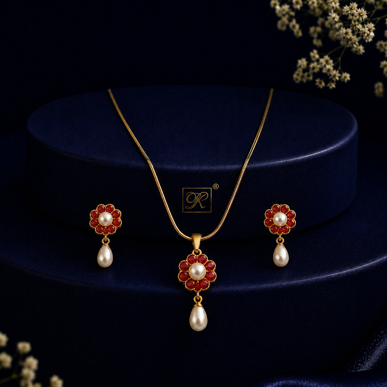 Elite Freshwater Pearl with Red Stone Earrings & Pendant Set in Gold | Pearl Jewellery Set | Krishna Pearls & Jewellers