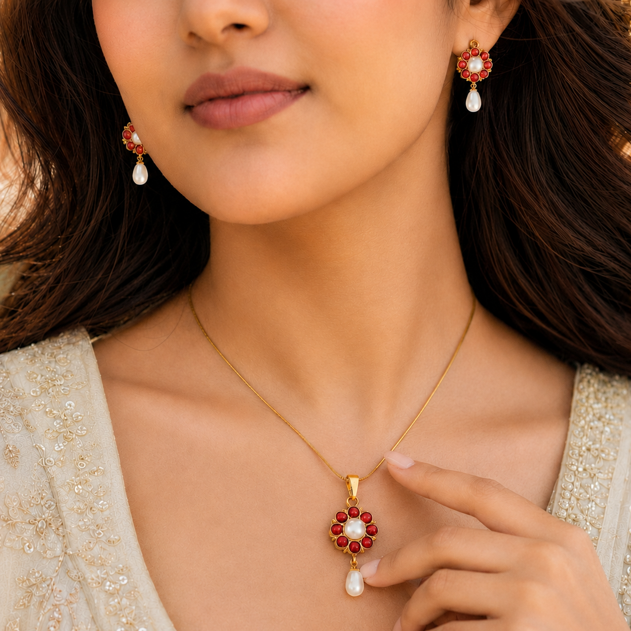 Elite Freshwater Pearl with Red Stone Earrings & Pendant Set in Gold | Pearl Jewellery Set | Krishna Pearls & Jewellers