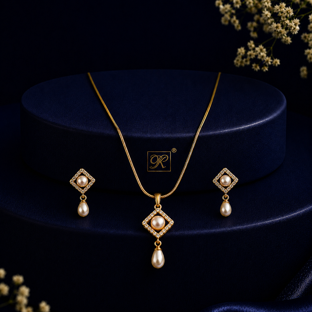 Regal Freshwater Pearl & CZ Earrings & Pendant Set in Gold | Pearl Jewellery Set | Krishna Pearls & Jewellers