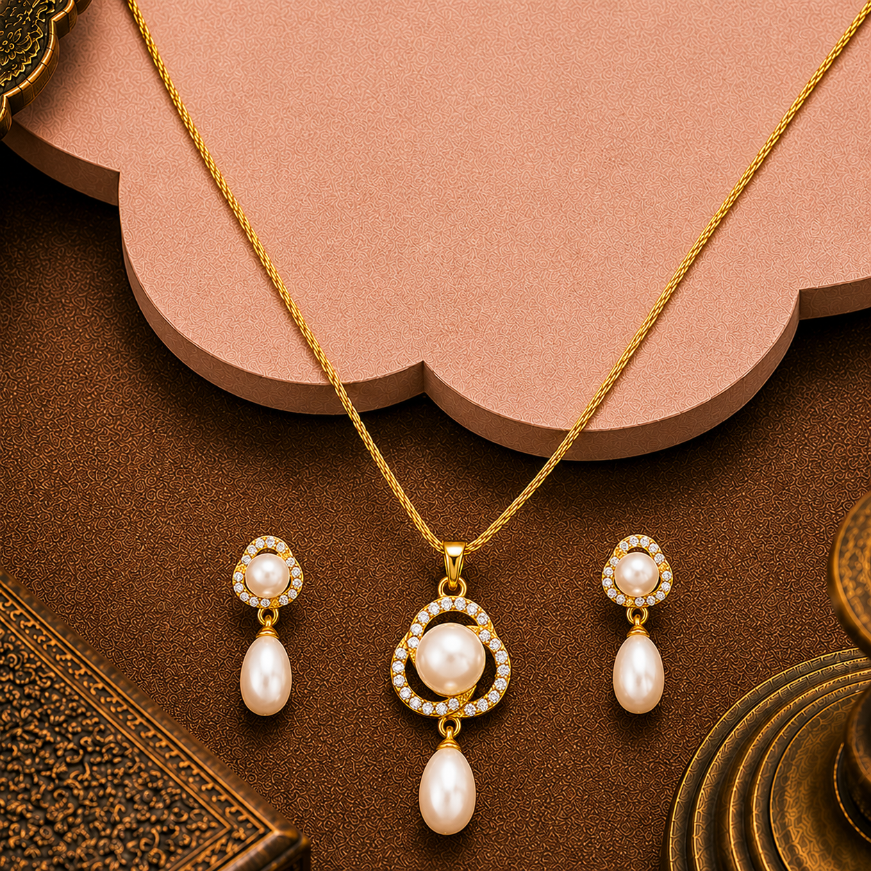 Royal Bloom White Pearl Pendant & Earring | Krishna Pearls and Jewellers