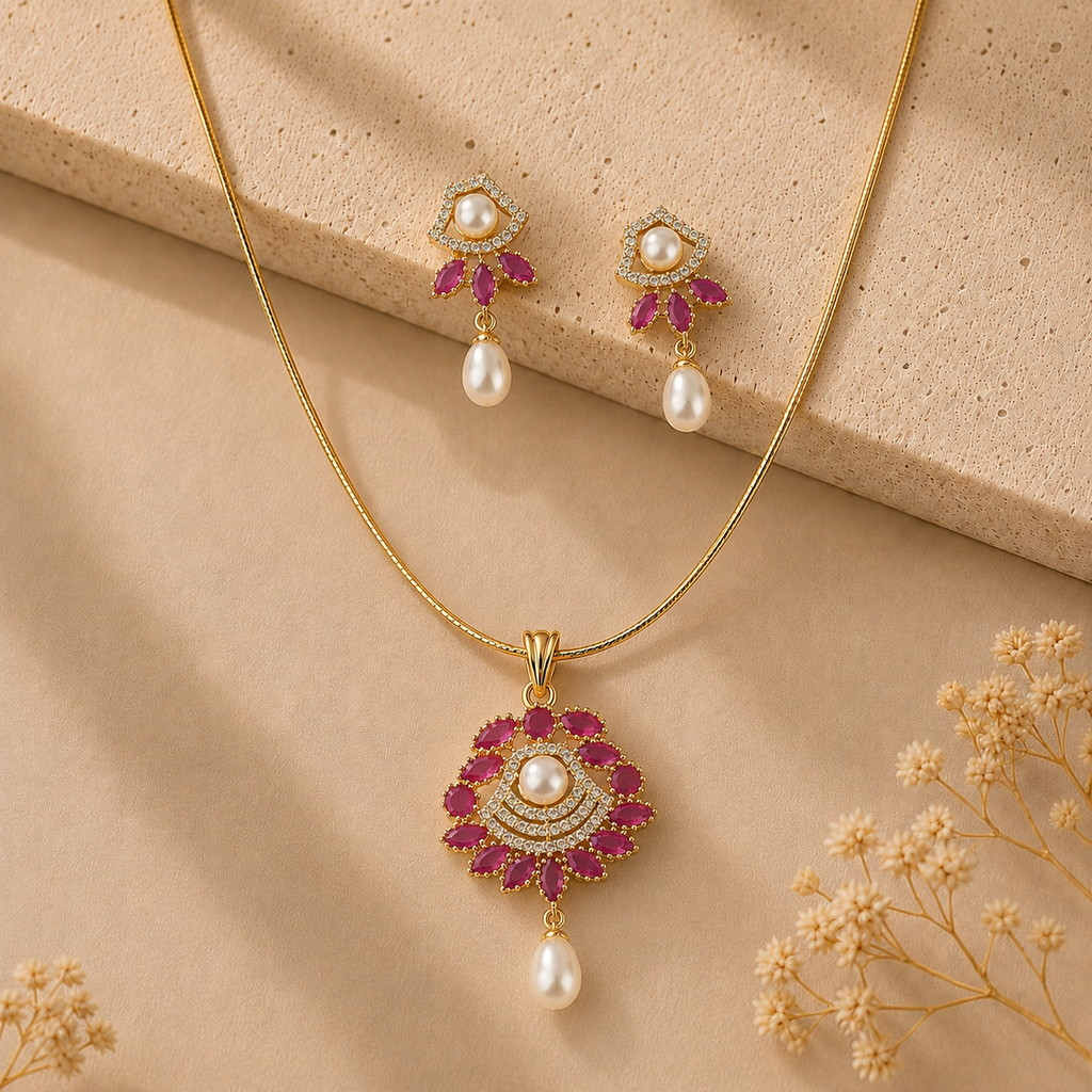 Elite Freshwater Pearl with CZ & Red Stone Earrings & Pendant Set in Gold | Pearl Jewellery Set | Krishna Pearls & Jewellers