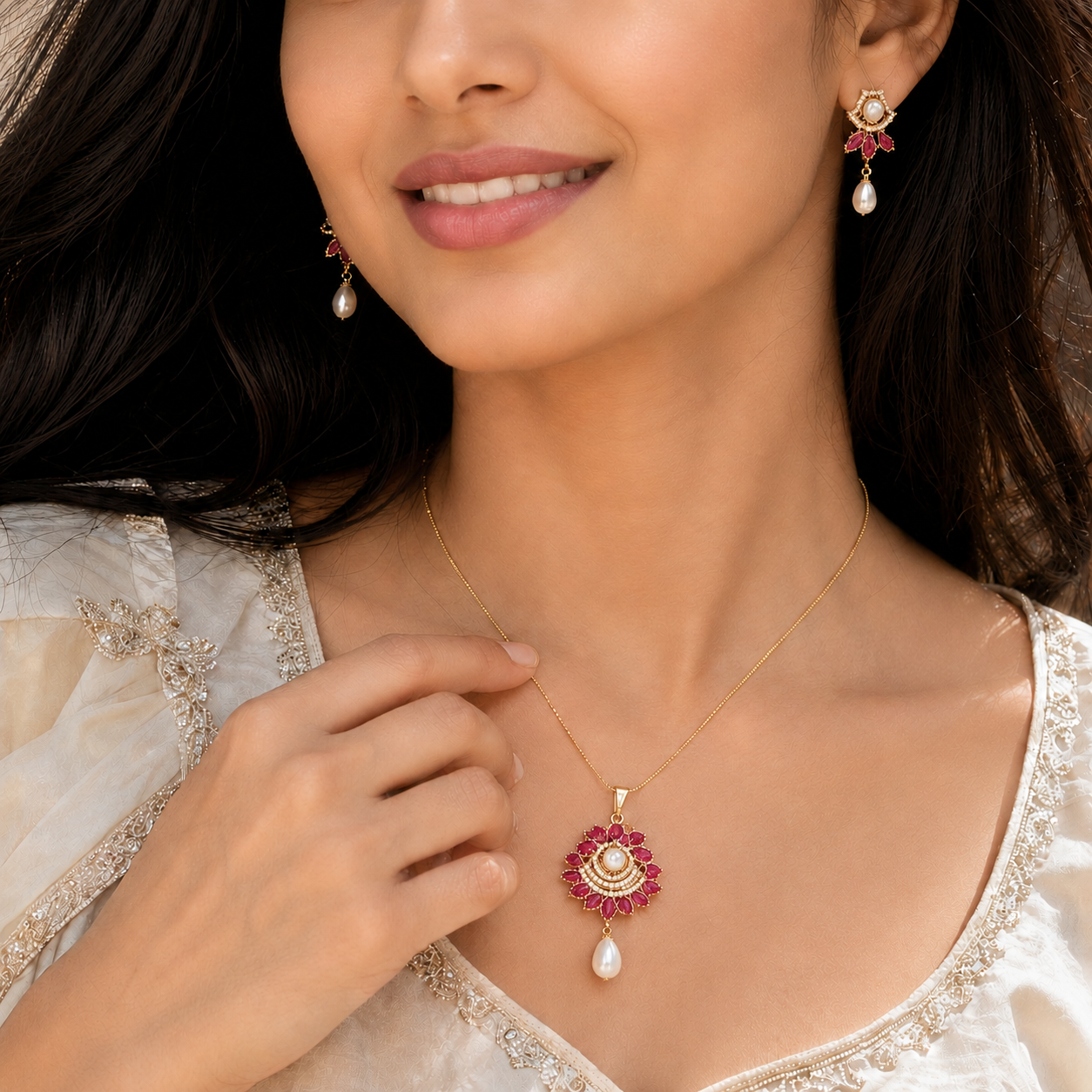 Elite Freshwater Pearl with CZ & Red Stone Earrings & Pendant Set in Gold | Pearl Jewellery Set | Krishna Pearls & Jewellers