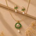 Heritage Freshwater Pearl with CZ & Green Stone Earrings & Pendant Set in Gold | Pearl Jewellery Set | Krishna Pearls & Jewellers