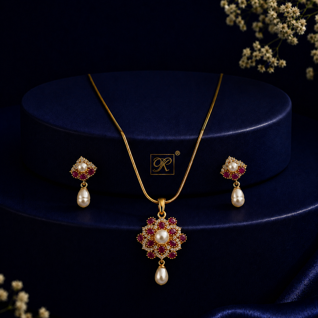 Heritage Freshwater Pearl with CZ & Red Stone Earrings & Pendant Set in Gold | Pearl Jewellery Set | Krishna Pearls & Jewellers