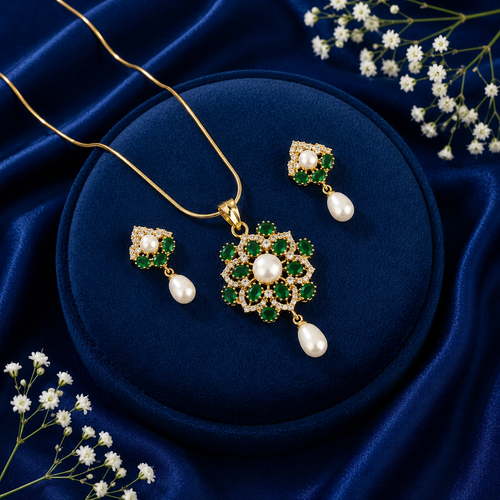 Couture Freshwater Pearl with CZ & Green Stone Earrings & Pendant Set in Gold | Pearl Jewellery Set | Krishna Pearls & Jewellers