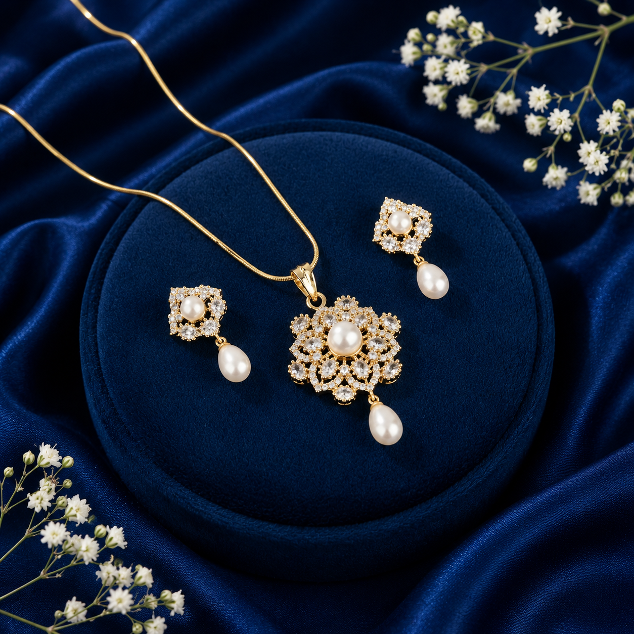 Couture Freshwater Pearl & CZ Earrings & Pendant Set in Gold — Style ATP-170 | Pearl Jewellery Set | Krishna Pearls & Jewellers
