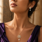 Couture Freshwater Pearl & CZ Earrings & Pendant Set in Gold — Style ATP-170 | Pearl Jewellery Set | Krishna Pearls & Jewellers