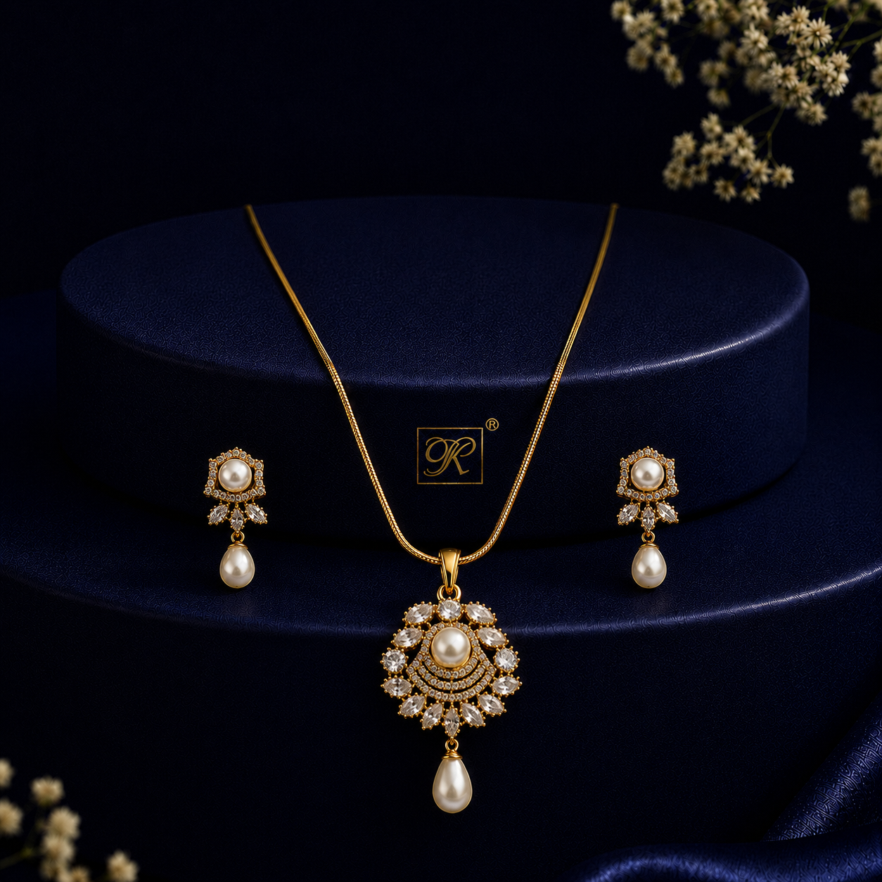 Imperial Freshwater Pearl & CZ Earrings & Pendant Set in Gold — Style ATP-171 | Pearl Jewellery Set | Krishna Pearls & Jewellers