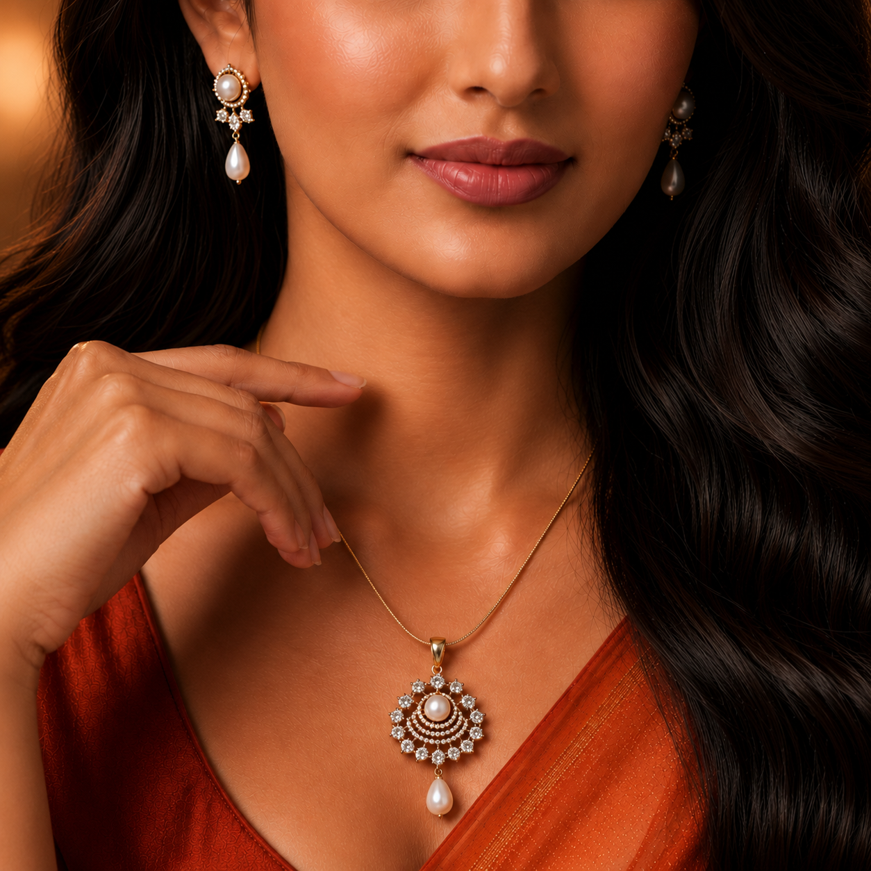Imperial Freshwater Pearl & CZ Earrings & Pendant Set in Gold — Style ATP-171 | Pearl Jewellery Set | Krishna Pearls & Jewellers
