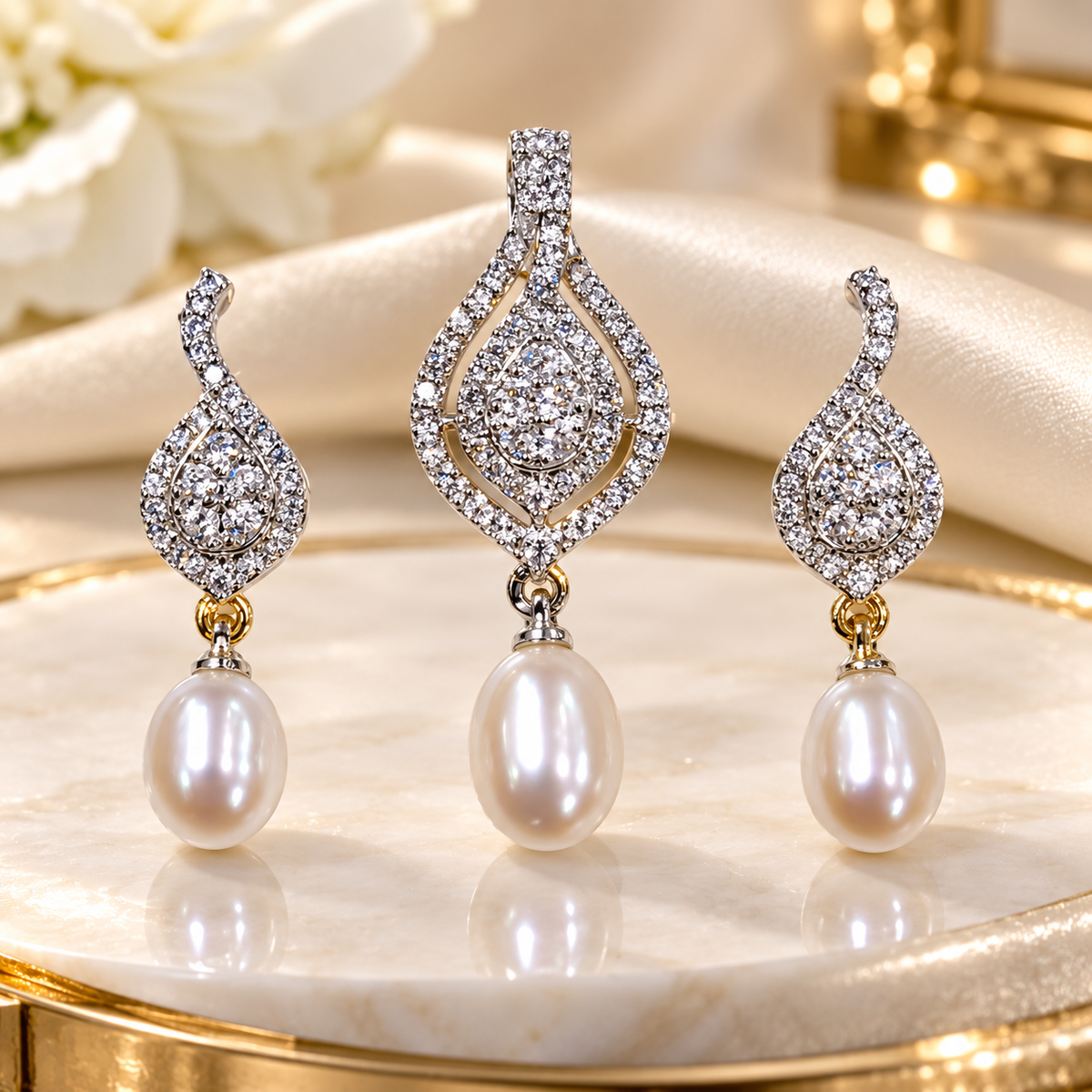 Elegant Pearl Drop Pendant & Earrings Set | Krishna Pearls and Jewellers