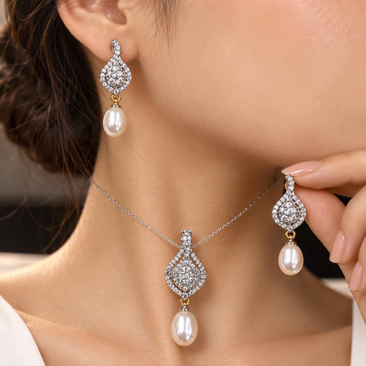 Elegant Pearl Drop Pendant & Earrings Set | Krishna Pearls and Jewellers