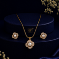 Prestige Freshwater Pearl & CZ Earrings & Pendant Set in Gold | Pearl Jewellery Set | Krishna Pearls & Jewellers
