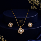 Prestige Freshwater Pearl & CZ Earrings & Pendant Set in Gold | Pearl Jewellery Set | Krishna Pearls & Jewellers