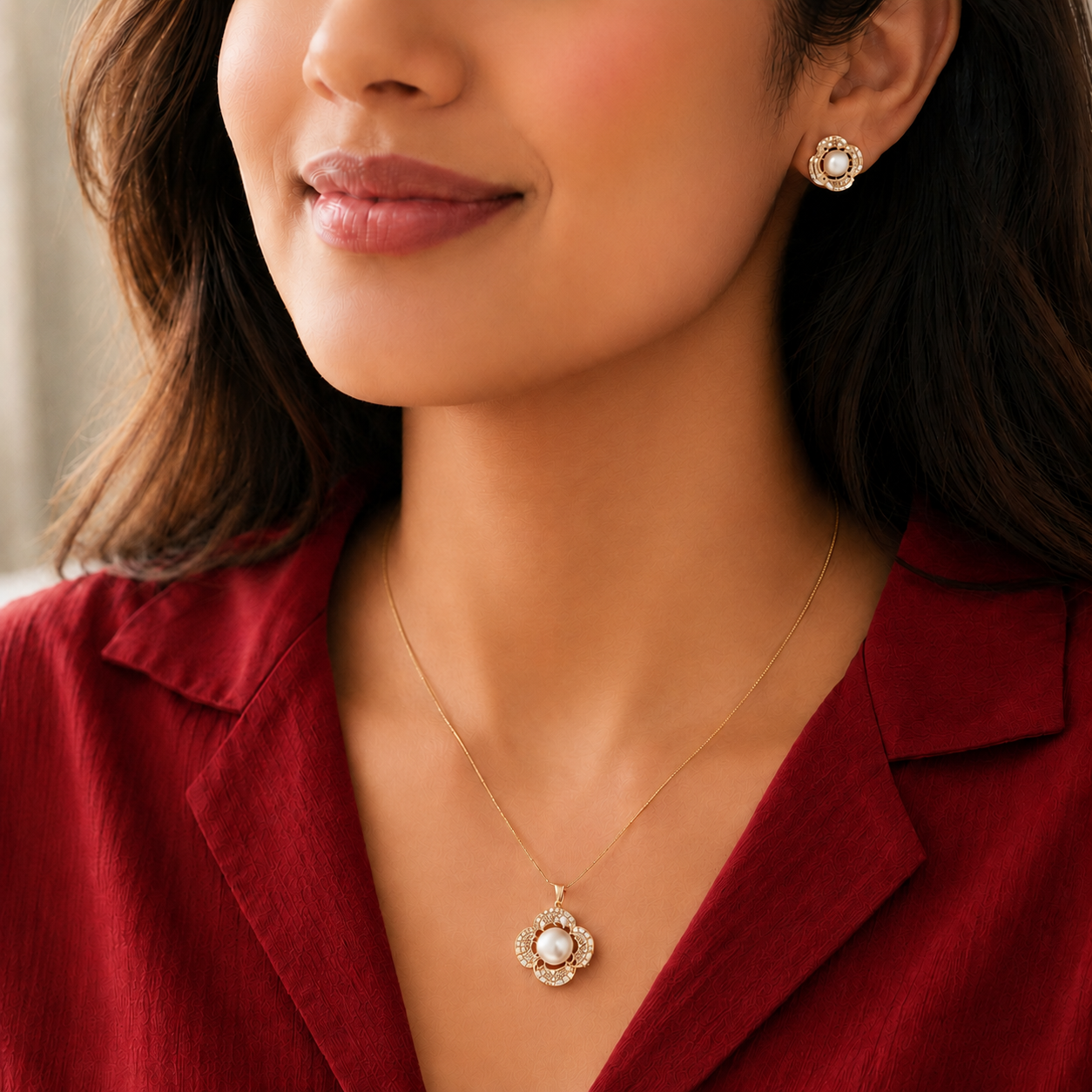 Prestige Freshwater Pearl & CZ Earrings & Pendant Set in Gold | Pearl Jewellery Set | Krishna Pearls & Jewellers
